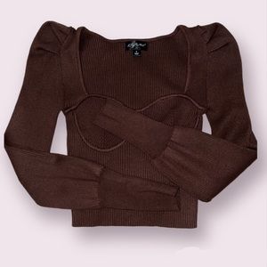 NWOT Brown Sweetheart Neck and Puff Shoulder Ribbed Sweater
